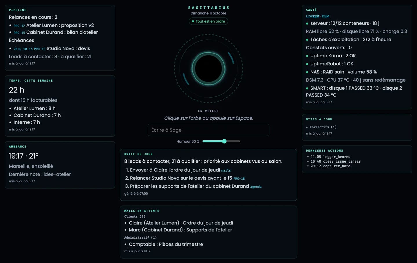 Sagittarius dashboard, fictitious data: pipeline, time, daily brief, pending emails, server health and the voice orb in the centre